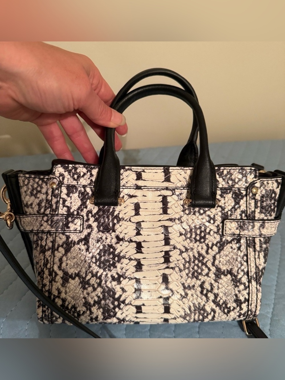 Coach Mini Swagger Women's Black & White Python Snake-Print Satchel - Picture 6 of 12